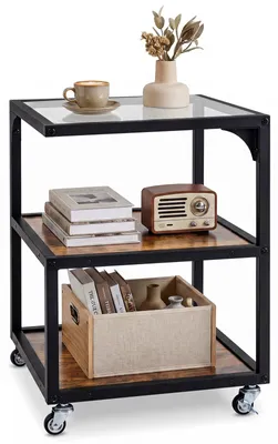 Immagine prodotto di Tavolino laterale COSTWAY, comodino a 3 ripiani con piano in vetro, tavolino da divano con struttura in acciaio, tavolino in vetro con rotelle, 40 x 40 x 55 cm, marrone