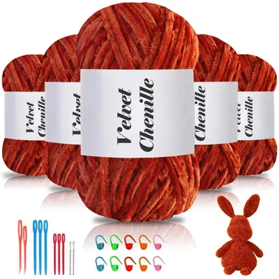 Image de Fil chenille, 500g (5 pelotes de 100g), couleur orange mandarine, pour tricoter et crocheter