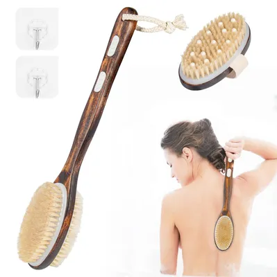 Produktbild von 2-teiliges Rückenbürsten-Set, Badebürste, Duschbürste mit langem Griff, Körperbürste, Peelingbürste, Naturborsten, Badebürste zur Entfernung abgestorbener Hautzellen, Cellulite und zur Verbesserung der Lymphfunktion.