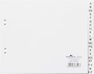 Immagine prodotto di DURABLE Divisorio A4 in PP 20 tasti A-Z cavalierini prestampati con copertura parziale , Bianco, 610002