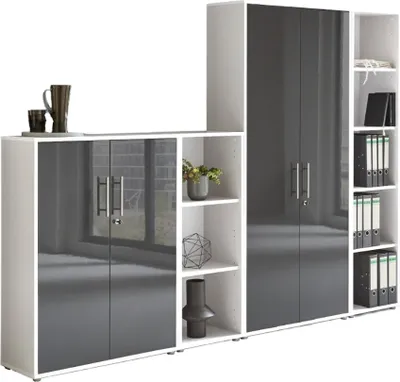 A modern office cabinet system with high-gloss doors.