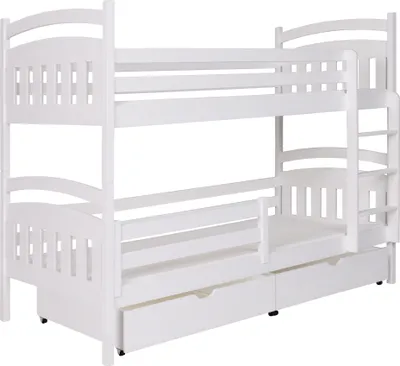 Produktbild von KEF Denis Etagenbett Kinder Holz Kinderbett für Zwei Kinder Leiter Universal Weiß mit Matratze 80x180 cm