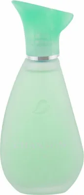 A light green perfume bottle with a green cap and a silver ring around the neck.