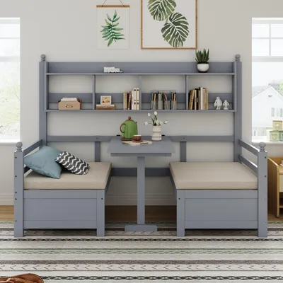 Produktbild von Fortuna Lai Multifunktionales Massivholz Schlafsofa 200x90 cm, 2-in-1 Bett und Schreibtisch, Frei Umbaubar, Mit Bücherregal Zur Aufbewahrung, Mit Bequemen Kissen, Gästebett Einzelholzbett, Grau