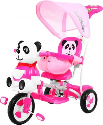 Immagine prodotto di Bicicletta a tre ruote per bambini panda rosa + suoni + tettuccio + barriera + poggiapiedi + maniglia + guide + portaoggetti