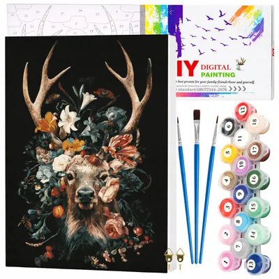 Produktbild von EDIBAZZAR | Malen nach Zahlen mit Rahmen, 40 x 50 cm Leinwandbild „Hirsch im Blumenmeer“