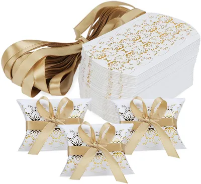 Produktbild von Kissen-Form-Hochzeits-Geschenkboxen, Party-Geschenk-Box, Süßigkeiten-Box, 50 Stück Gold Print