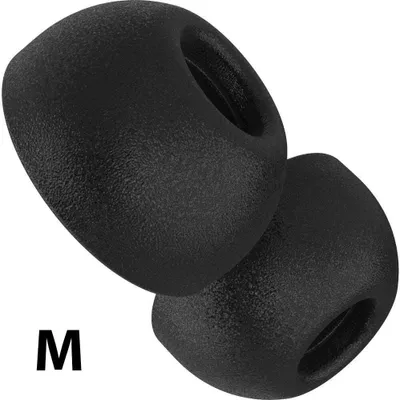 Two black ear tips for earbuds are shown against a white background.