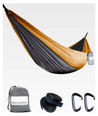 Produktbild von Ultraleichte Hängematte für Camping und Wandern - Fallschirmseide 285x160cm für 2 Personen - 250kg Traglast (Orange)