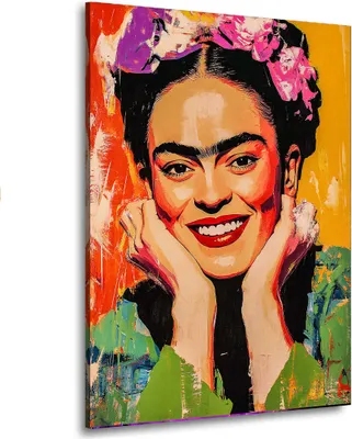 Produktbild von Frida im Porträt mit Blumen und lächelnd abstrakt Leinwandbild Wandbild Wanddeko: 75x100x4cm