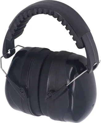 A black pair of earmuffs is shown against a white background.