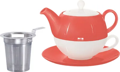 Produktbild von Buchensee Tea for one Set / Teeset Lena, Teekanne 500ml mit Sieb, Teetasse und Untertasse, coralrot, Crystal Bone China Porzellan