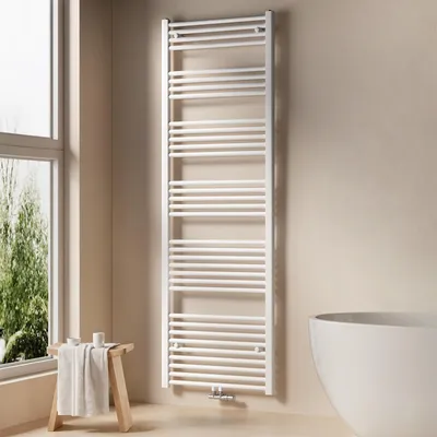 A white towel radiator is shown in a bathroom setting next to a window and a bathtub.