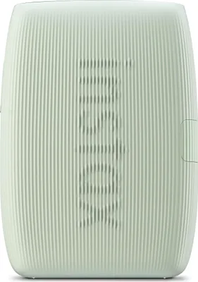 A close-up, front-facing view of a light green portable speaker with a ribbed texture and a speaker grille in the center.