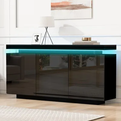Zdjęcie produktu dla Merax kredens z LED, komoda z 2 drzwiami i 3 szufladami, nowoczesny kredens bez uchwytów do salonu, czarny wysoki połysk