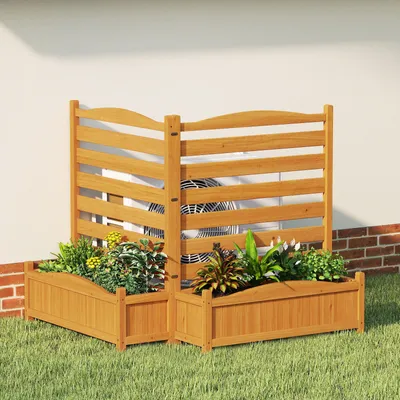 Image de Jardinière COSTWAY, clôture pour climatiseurs et poubelles, hauteur 101 cm, bac surélevé avec treillis, clôture de jardin et trous de drainage, 2 bacs à plantes, naturel (2 pièces)