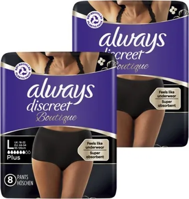 Two packages of Always Discreet Boutique incontinence pants are shown, with a woman modeling the product in each.