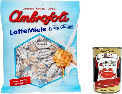 Produktbild von 12x Ambrosoli Caramelle Latte e Miele, Milch- und Honigbonbons sweets, 135g + Italian Gourmet polpa 400g