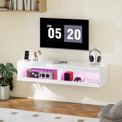 Image de Meuble TV, meuble TV suspendu avec éclairage LED RGB en 16 couleurs, meuble TV avec espace de rangement ouvert, pour téléviseurs de 55 à 60 pouces, pour le salon