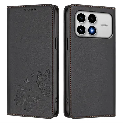 Image de Étui en cuir pour Xiaomi Poco F8 Pro/Redmi K90, étui de protection type portefeuille en cuir gaufré « papillon » avec support, noir