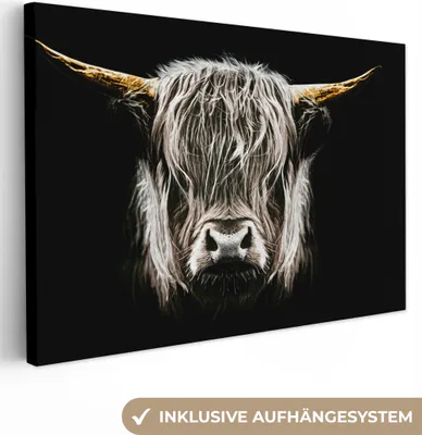Produktbild von MuchoWow® - Leinwandbilder - Schottischer Highlander - Gold - Hörner - Schwarz und weiß - Kuh - Tiere, Wandbild, Wanddeko Bilder Wohnzimmer, 120x80 cm