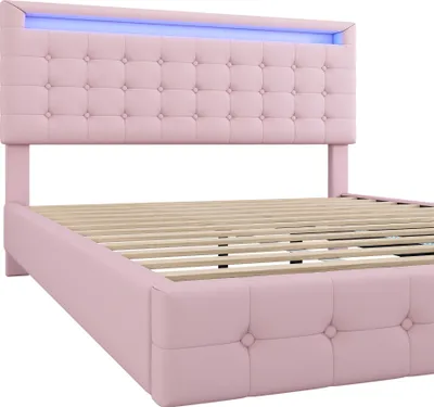 Obrázek produktu pro okwish Čalouněná postel 140x200 cm s laťkovým roštem, dvoulůžková postel pro mládež s nastavitelným čelem, klasická manželská postel s LED podsvícením (24 tlačítkový dálkový ovladač),Polyuretan(bez matrace), Růžová