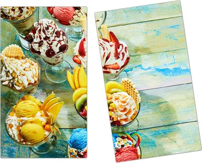 Produktbild von Spritzschutz Herdabdeckplatte Schneidebrett aus Glas Eissorten verschieden 2-Teilig (60x52cm)