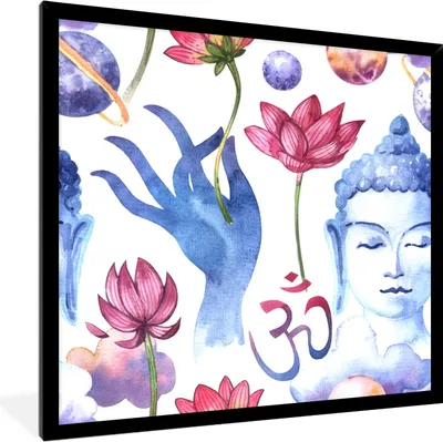 Produktbild von MuchoWow® MuchoWow® Gerahmtes Poster Buddha - Planeten - Blumen 40x40 cm - Poster mit zchwarzem Bilderrahmen - Mit Rahmen - Wanddekoration Schlafzimmer