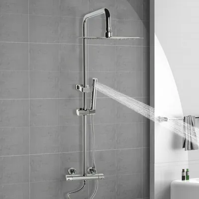 Produktbild von Edelstahl Duschsystem mit Thermostat Armatur 20cm rund Regendusche 85-123cm höhenverstellbar Dusch-Set (silber)