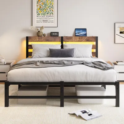 Produktbild von 140x200 mit Bettgestell LED Beleuchtung, LED-Beleuchtung und USB-Ladestation, Metallbett mit aus Metall, Bettgestell ohne Matratze, Bettrahmen mit Stauraum unter dem Bett Matratze
