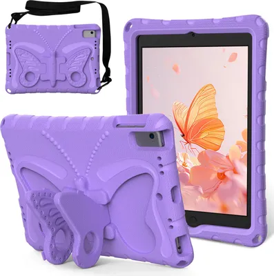 Produktbild von Kinder Hülle für iPad 9,7 2018/2017, iPad Pro 9,7 2016, iPad Air 2 2014/iPad Air 2013 9,7" Leicht Stoßfeste EVA Kindgerechtes Schutzhülle mit Schultergurt, Schmetterlings-Ständer Lila