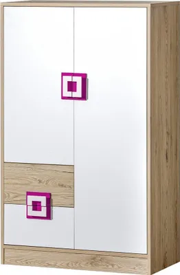 Produktbild von Furniture24 Kommode NICO 07, Schrank, Hochschrank, Mehrzweckschrank, Highboard mit 2 Türen und 2 Schubkasten Hell Eiche/Weiß/Rosa