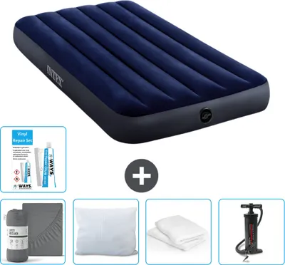 Produktbild von Intex Luftbett – 1 Person – 99 x 191 x 25 cm – Blau – im Lieferumfang enthalten Spannbettuch - Küssen - Pumpe - Reperaturset en Kissenschutz