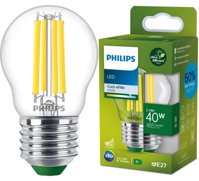 Zdjęcie produktu dla Philips Przezroczysta żarówka Filament 40 W P45 E27, 2,3 W, 40 W, E27, 485 lm, 50000 h, Zimne białe