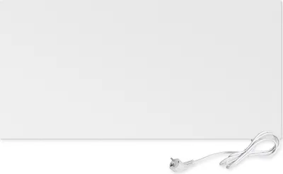 A white infrared heating panel with a white power cord and plug on a white background.