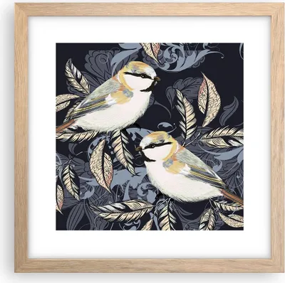 Produktbild von Gerahmtes Poster - Rahmen in heller Eiche - Vögel Blätter Ornament - 30x30 cm - Wand Bild - Wanddeko - Wandbilder - Kunstposter - Wandposter - Bilderrahmen - Bilder - Kunstdruck - P2NAC30x30-4408
