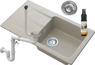 Produktbild von Granitan | Granitspüle TASOS - Helles Beige - Einbau mit Abtropffläche - Chrom-Siphon inklusive