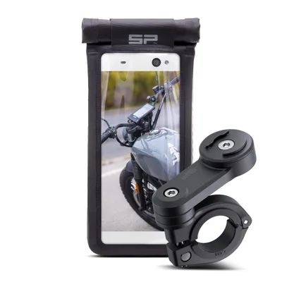 A smartphone case and a motorcycle handlebar mount are shown against a white background.