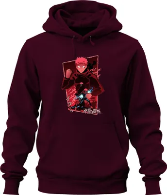 Zdjęcie produktu dla Itadori Yuji Jujutsu Kaisen – bluza z kapturem dla fanów anime, w kolorze bordowym, z motywem mrocznych płomieni, uni , rozmiar XL