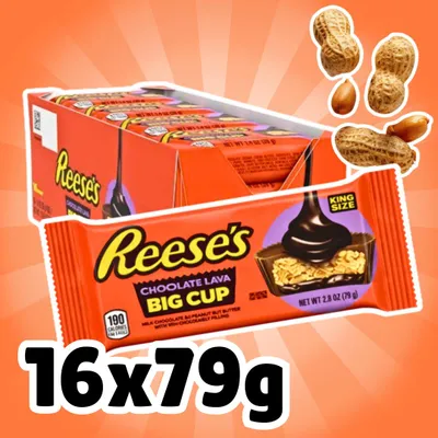 Productafbeelding van 16 stuks Reese's Chocolate Lava Big Cup King Size (79 g) – Melkchocolade met een vloeibare pindakaarkern, multipack + Hartvormige kaarten en verzendbescherming