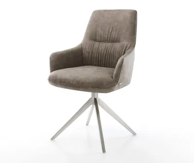 Produktbild von DELIFE Drehstuhl Zelia-Flex mit Armlehnen Mikrofaser Taupe Vintage Kreuzgestell breit Edelstahl 360° drehbar Wippfunktion Taschenfederkern