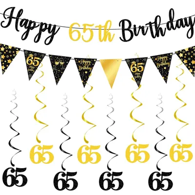 65. Geburtstag Dekoset – Banner, Wimpelkette & Girlande, Schwarz/Gold