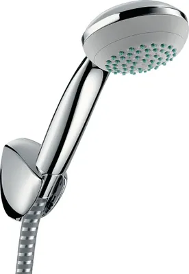 A hand shower set mounted on a wall bracket, with a flexible hose visible.