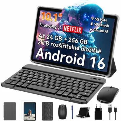 Obrázek produktu pro TABWEE T20 Android 16 tablet 10,1 palce, 24+256 GB s příslušenstvím tabletový počítač, Face ID, Widevine L1, 5G WiFi, Gemini AI, 8MP + 5MP, GPS