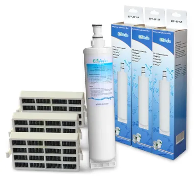 A product shot of water filters and their packaging against a white background.