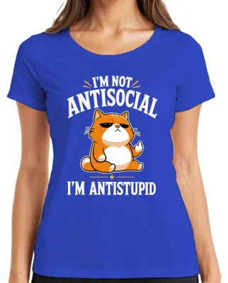Produktbild von I'M NOT ANTISOCIAL I'M ANTISTUPID Katze Statement Sarkasmus Ironie Damen T-Shirt, Blau, XL