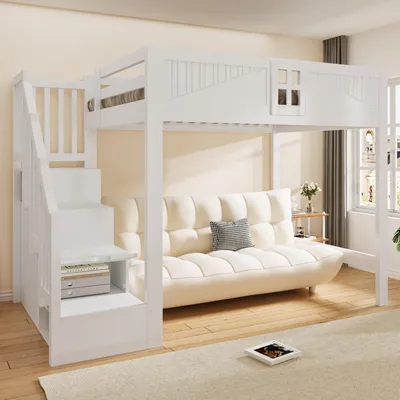 Produktbild von Flieks Etagenbett 140x200cm mit Stauraumtreppe, Hochbett Jugendbett mit Schrank und Schubladen, Kinderbett Doppelbett mit Rausfallschutz, Weiß