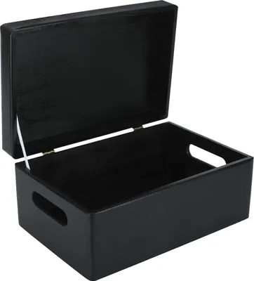 An open black wooden storage box with handles, shown against a white background.