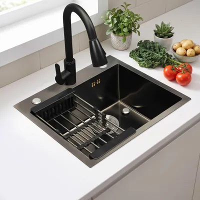 Produktbild von 50x45cm Küchenspüle Schwarz, eckige Einbauspüle aus Edelstahl mit Seifenspender, Abtropfkorb und Ablaufgarnitur-Set