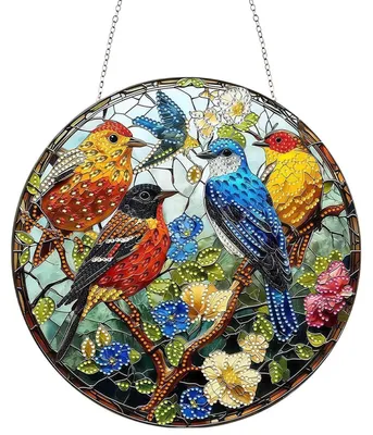 Productafbeelding van 5D Diamantverfijning, raamdecoratie, vogels, set met hangers en ketting, geschikt voor knutselen
